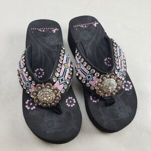 Montana West Beaded Rhinestone Sandal Womens 8 Black Platform Bling Flip Flop